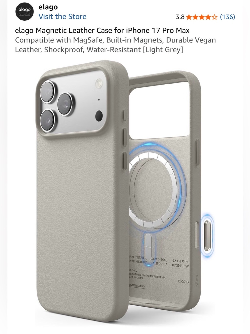 ELAGO - iPhone 17 Pro Max MagSafe Vegan Leather Case — Light beige
